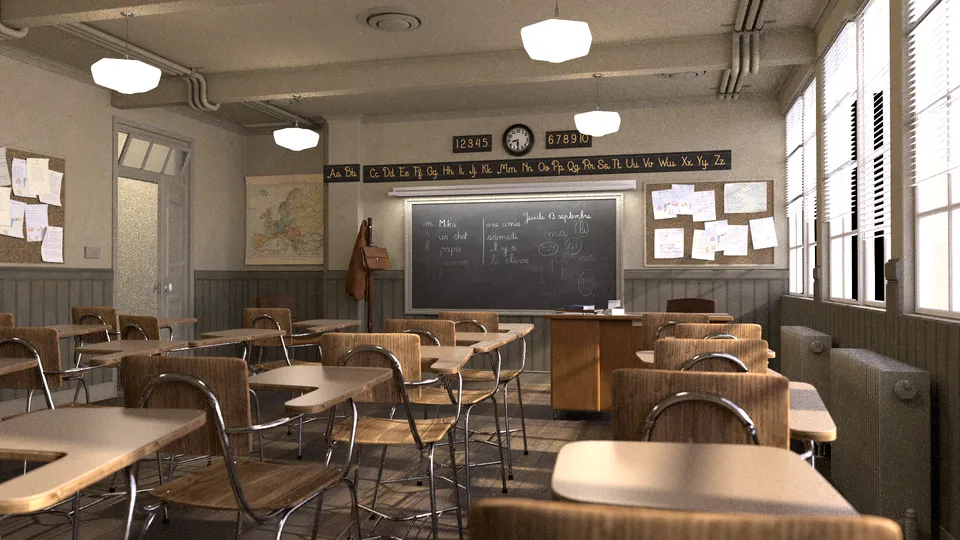 A classroom with warm sunlight coming through window blinds and falling across desks