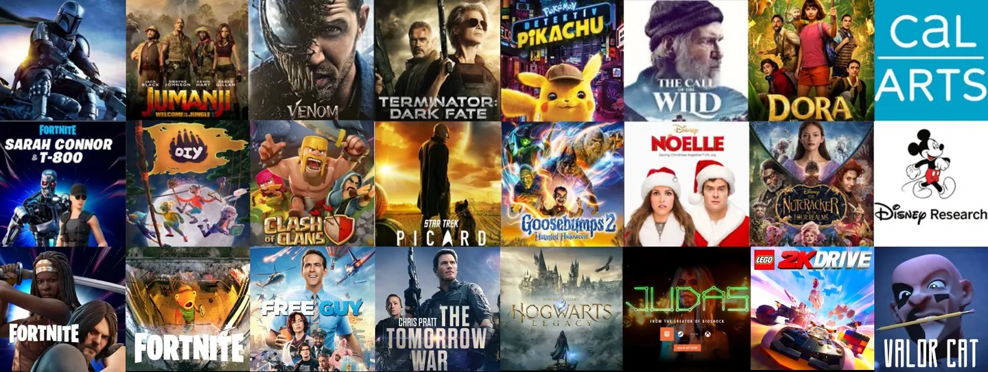 Posters and logos for projects Ben Reicher has worked on, including Venom, Jumanji, The Mandalorian, The Call of the Wild, Dora, Fortnite, Star Trek: Picard, Goosebumps 2, Free Guy, The Nutcracker and LEGO 2K Drive